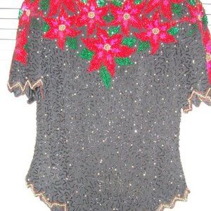 DRESSY HOLIDAY TOP BY LAURENCE KAZAR, MEDIUM, NEW W/O TAG, SEQUINS & BEADS